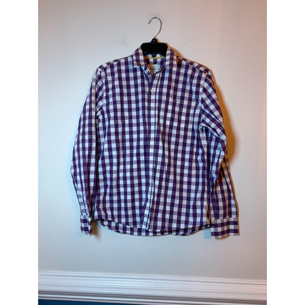 Mini Boden Button Down Shirt Kids Size 13-14Y Purple Gingham Plaid Long Sleeve